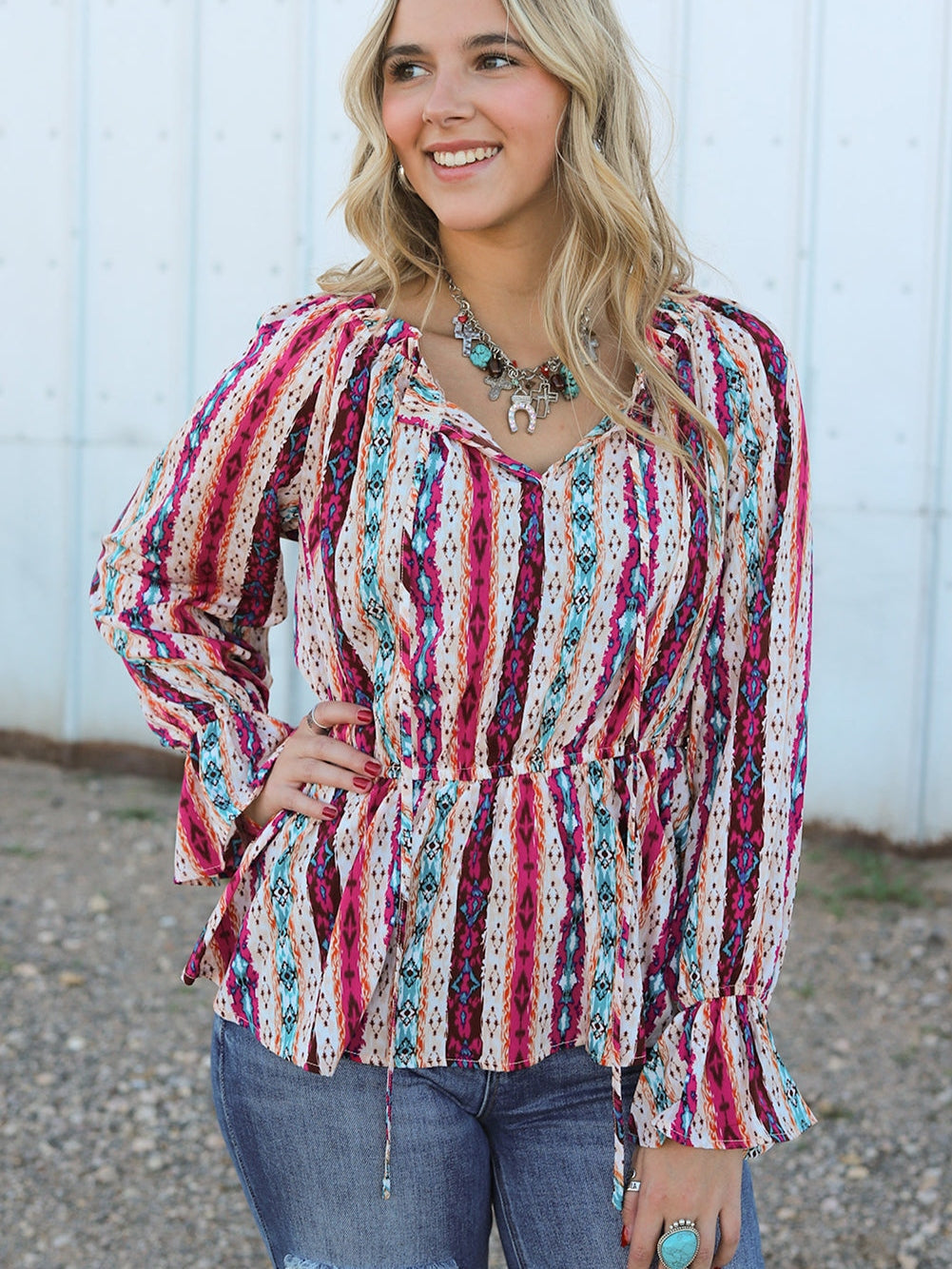 Aztec Print Peplum Blouse with Split Neck