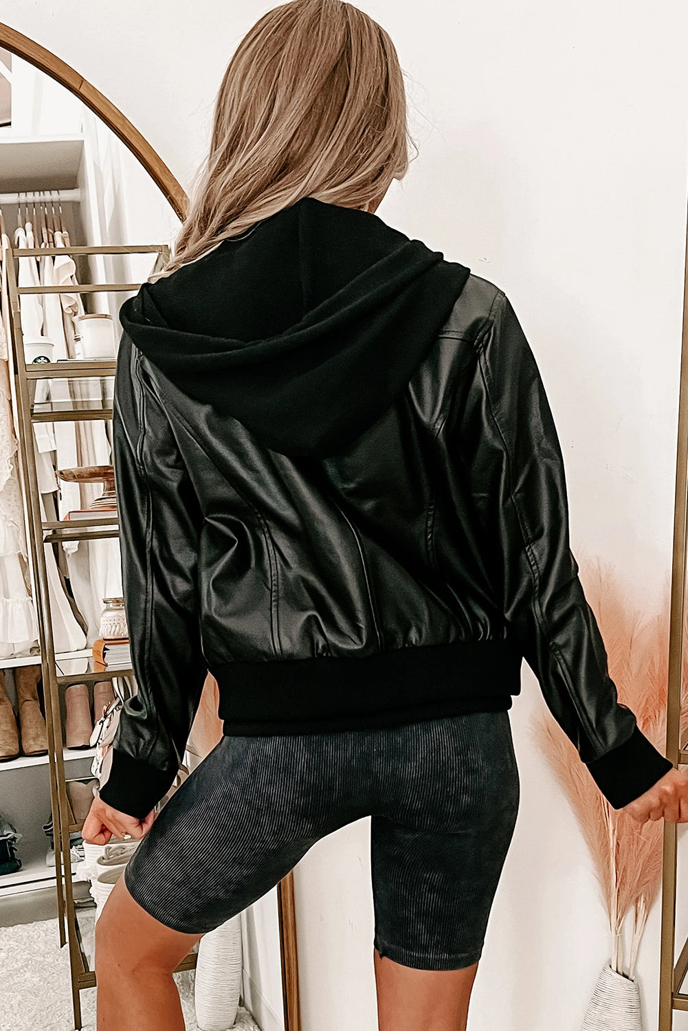 Black Faux Leather Patchwork Hooded Zip up Jacket
