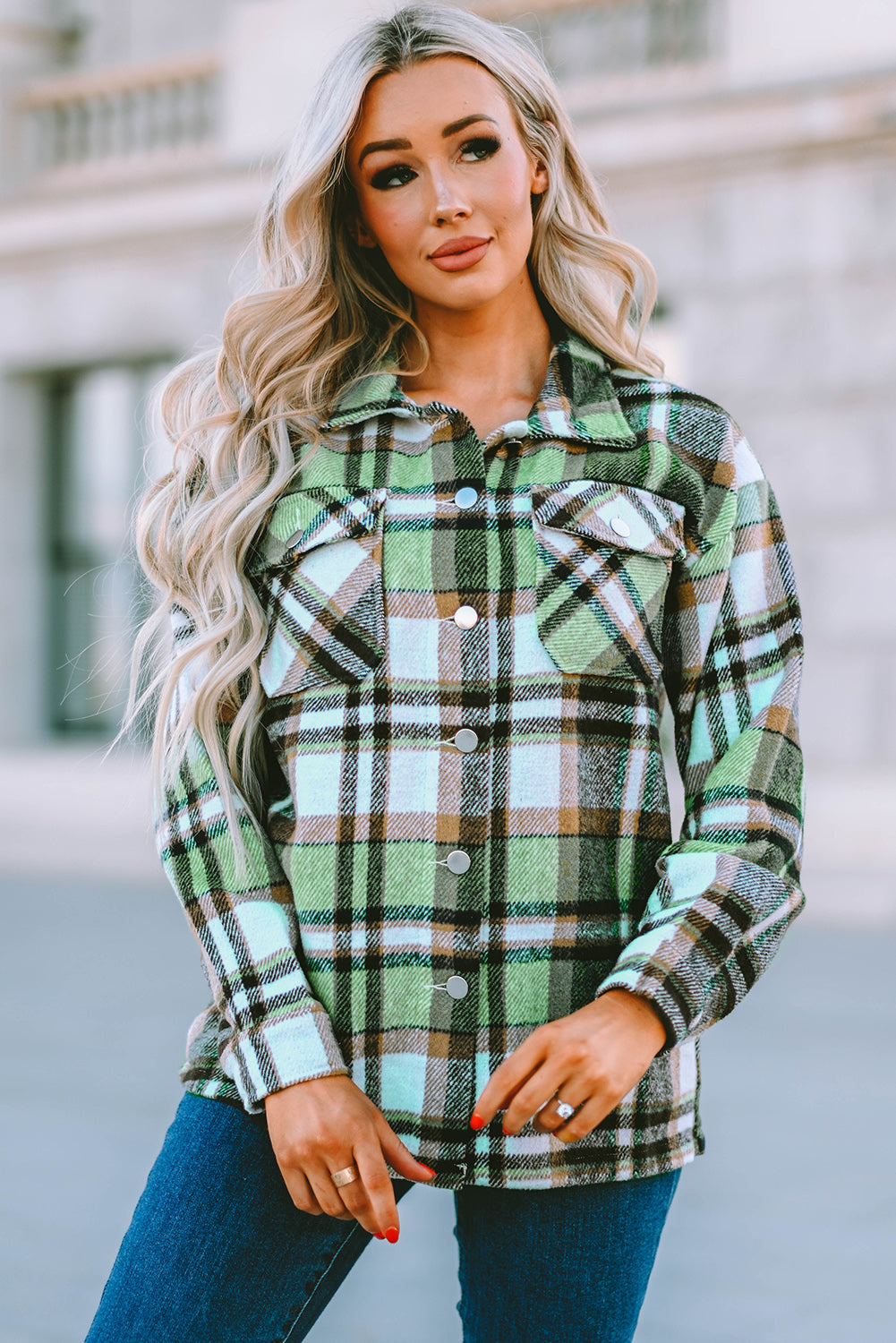 Green Plaid Print Shacket with Pockets