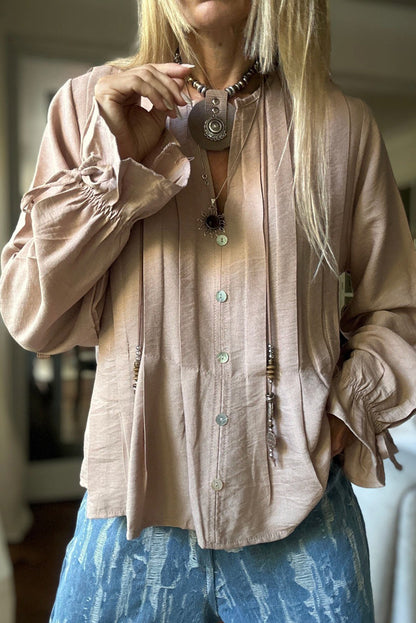 Parchment Pintuck Buttoned Front Decor Ruffled Sleeve Loose Blouse