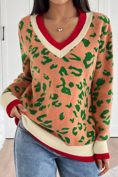 Orange Leopard Pattern Knit Contrast Striped Trim V Neck Sweater