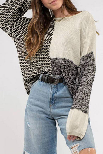 Elegant Black Patchwork Tie-Back Sweater
