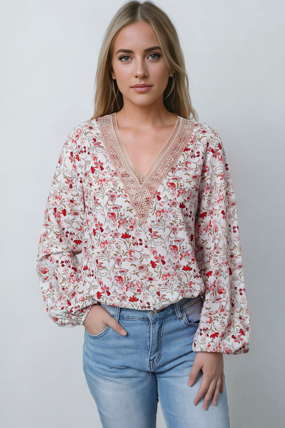 Elegant White Lace V-Neck Blouse with Floral Pattern