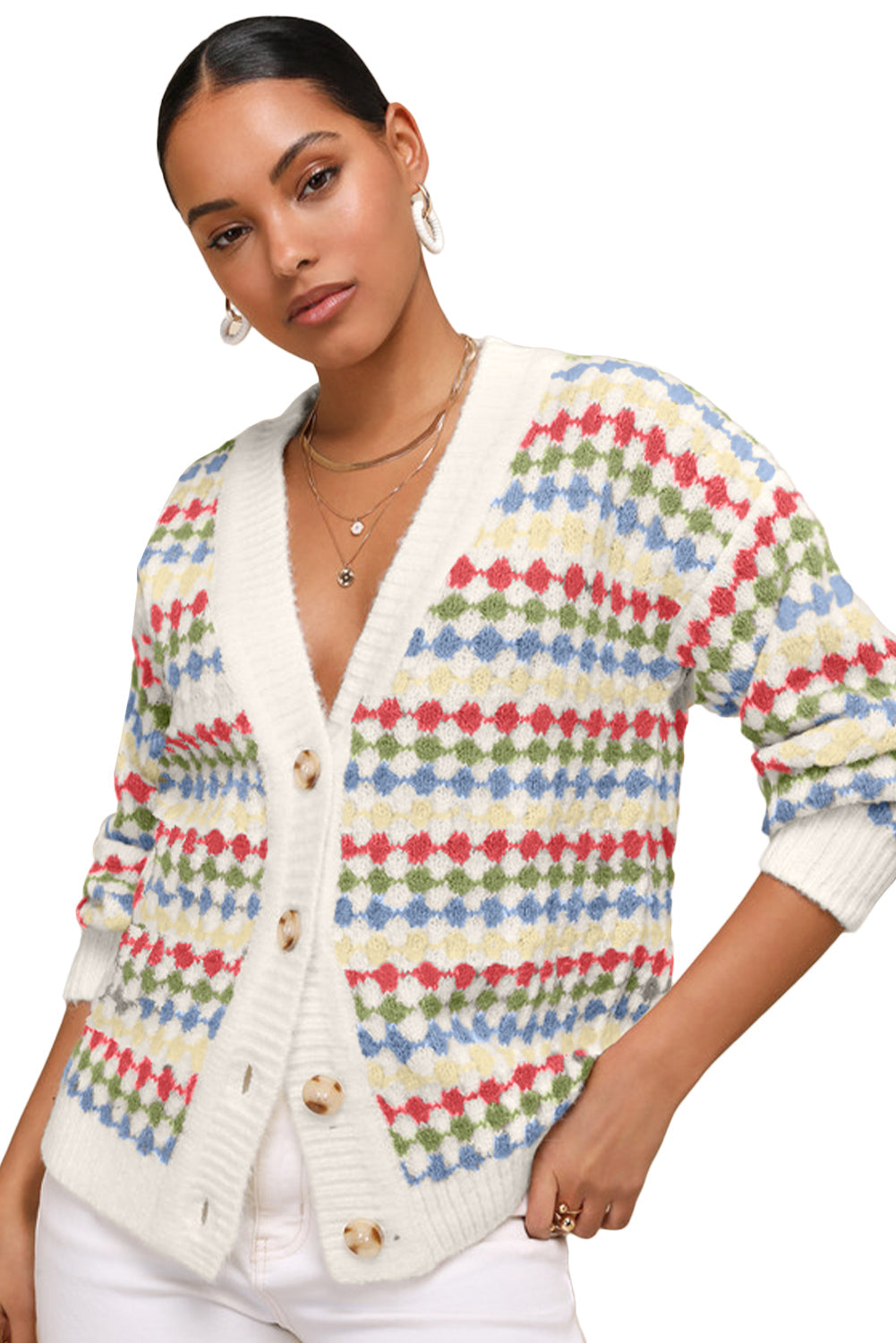 White Dotty Pattern Knit Button Front V Neck Sweater Cardigan