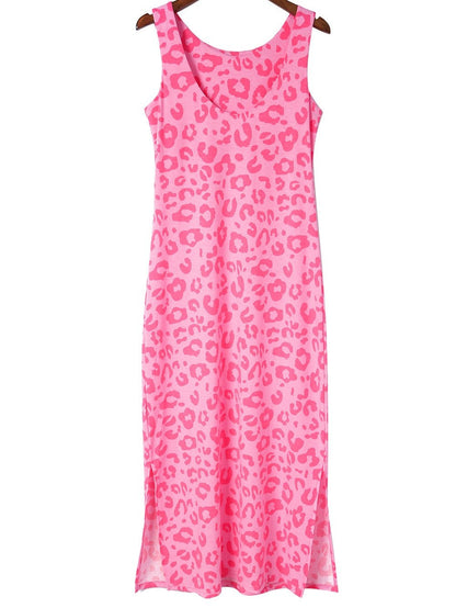 Leopard Print V-Neck Split Long Sleeve Dress