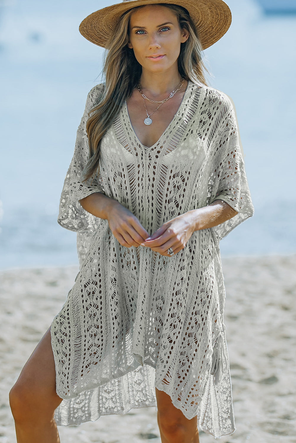 Boho Gray Crochet Beach Dress with Tassel Detail