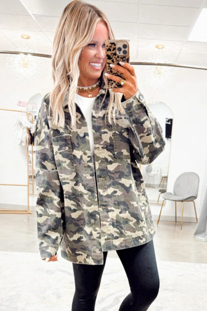 Green Camo Chest Pockets Loose Jean Jacket