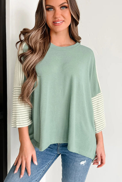 Clearly Aqua Striped Bracelet Sleeve Patchwork Oversize Tee