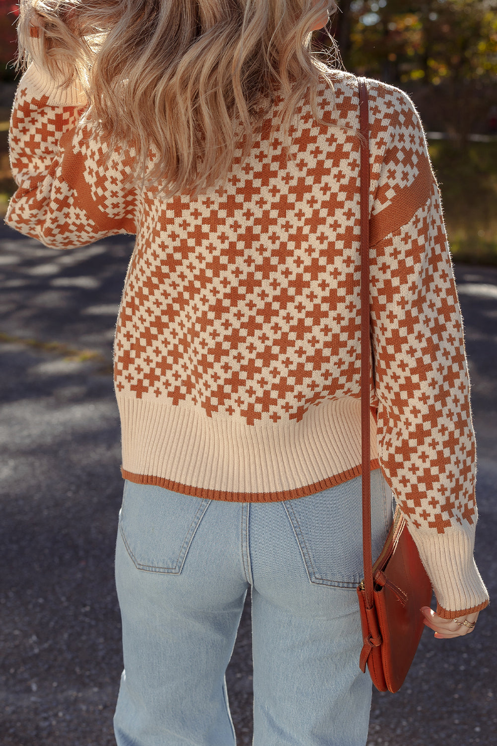 Brown Two Tone Contrast Geometric Ribbed Edge Loose Sweater