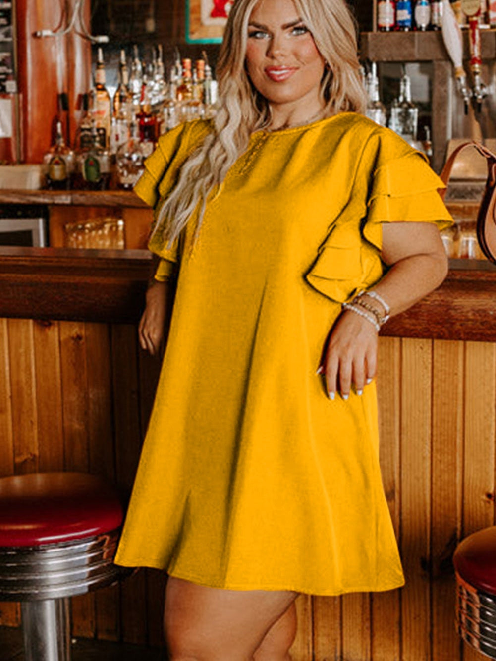 Tiered Ruffled Sleeve Grapefruit Orange Plus Size Dress for Parties and Beyond