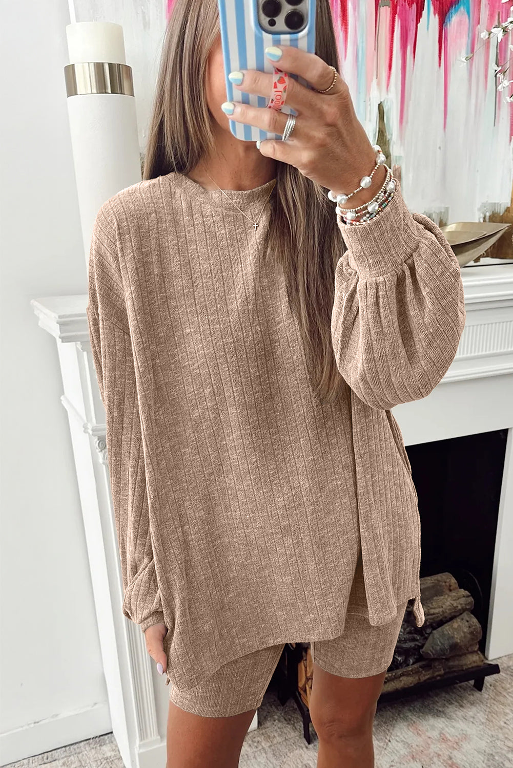 Dark Khaki Ribbed Balloon Sleeve Top and Biker Knitted Short Set