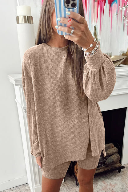 Dark Khaki Ribbed Balloon Sleeve Top and Biker Knitted Short Set