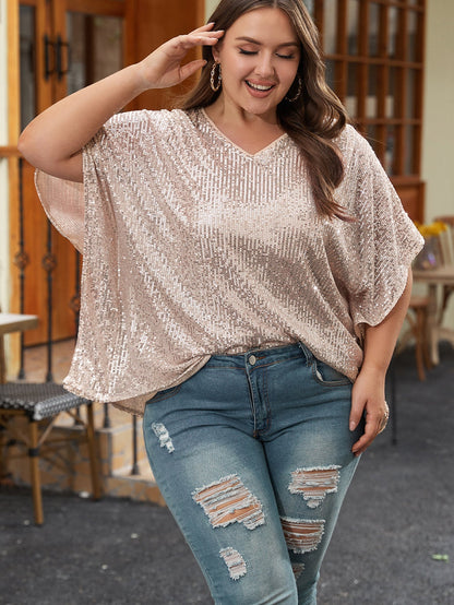 Apricot Plus Size Sequined V Neck Boxy Top