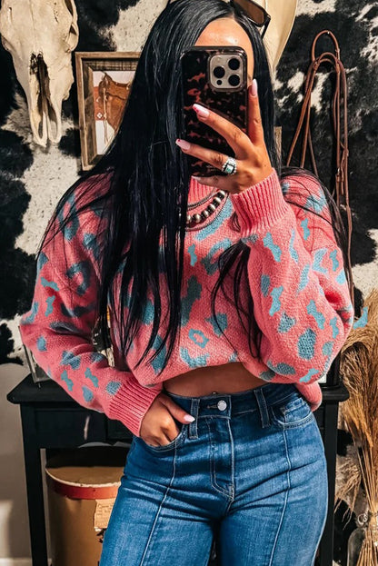 Pink Leopard Print Drop Shoulder Casual Sweater