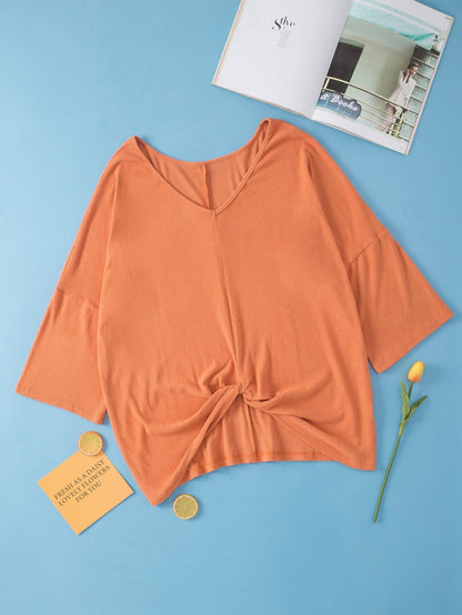 Gold Flame Plus Size Twist Hem Bracelet Sleeve Ribbed Top