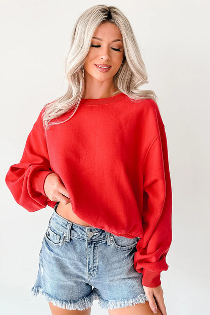 Fiery Red Cropped Elastic Hemline Drop Shoulder Solid Sweatshirt