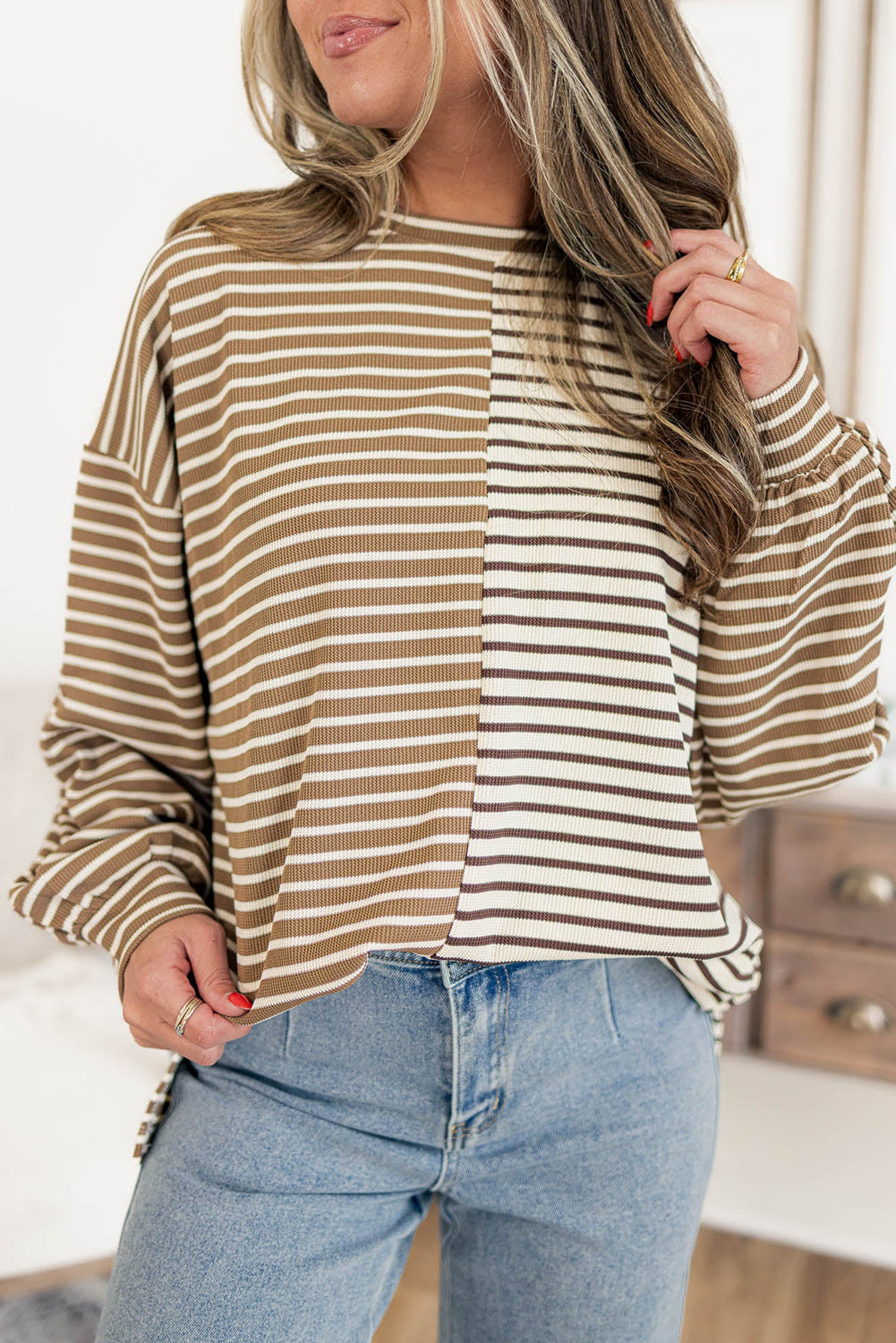 Khaki Stripe Color Block Patchwork Drop Shoulder Loose Long Sleeve Top