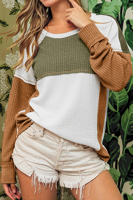 Green Block Patchwork Long Sleeve Waffle Knit Top