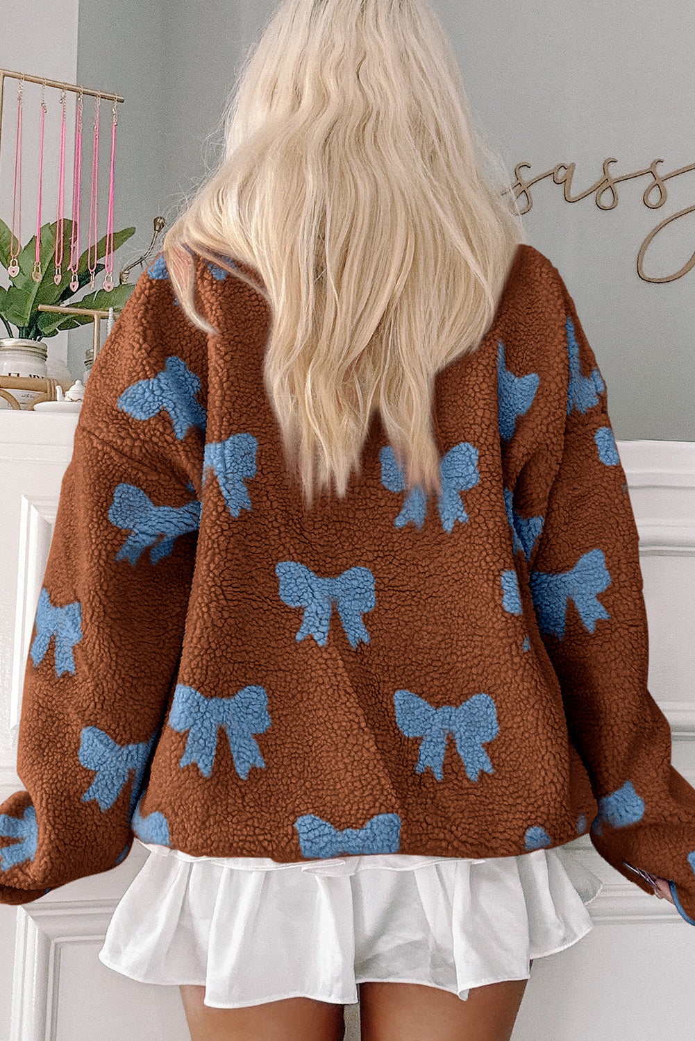 Brown Bow Sherpa Quarter Zip Drop Shoulder Baggy Sweatshirt