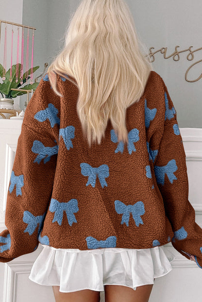 Brown Bow Sherpa Quarter Zip Drop Shoulder Baggy Sweatshirt