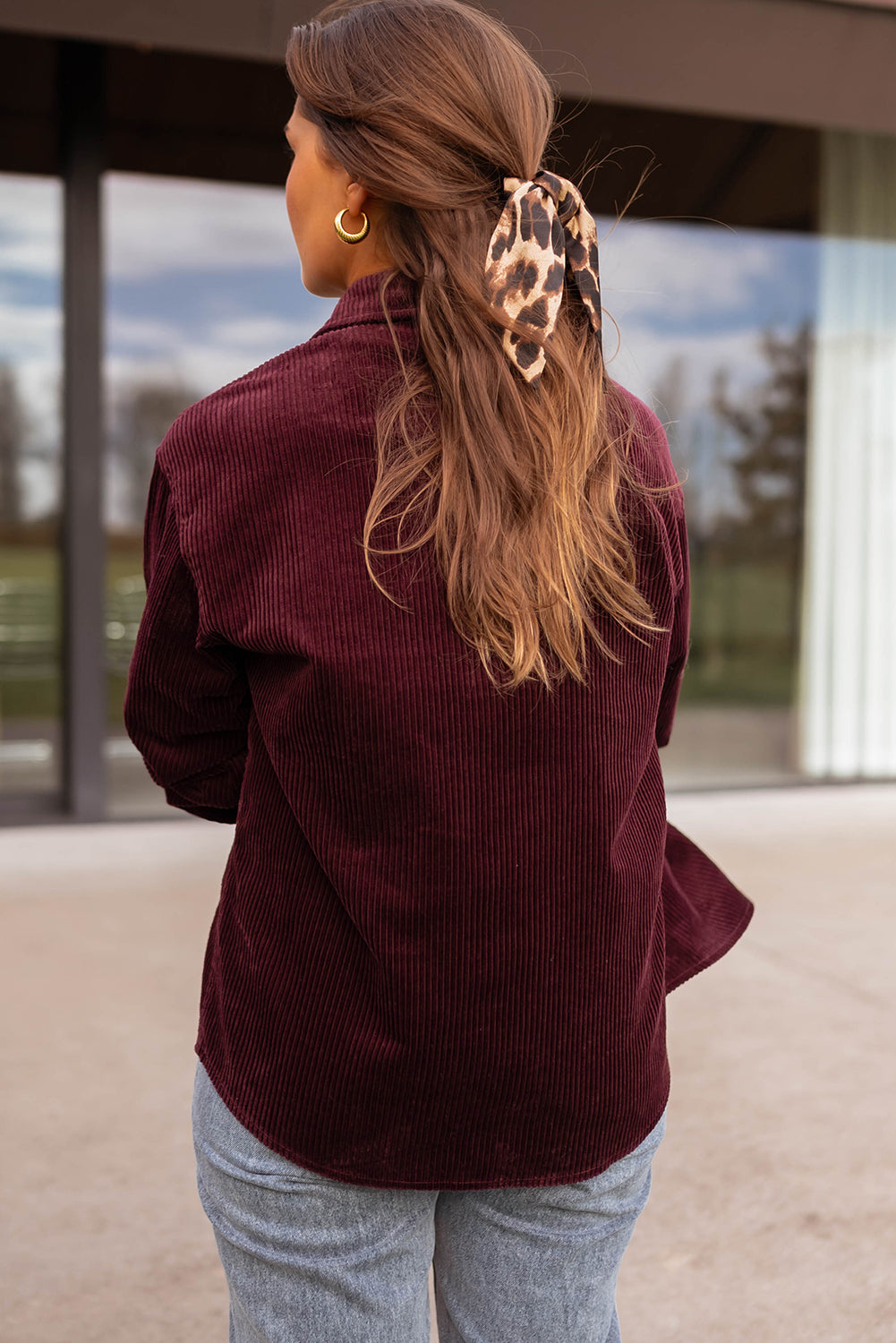 Grape Wine Solid Color Button Flap Pocket Corduroy Shacket