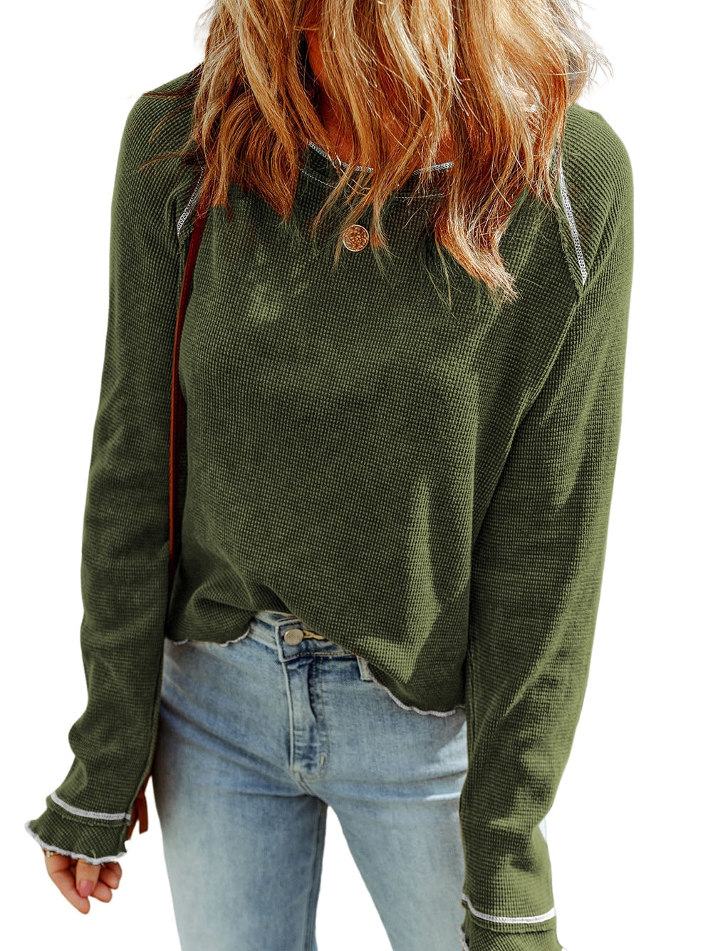 Green Waffle Knit Shift Top with Round Neck and Long Sleeves