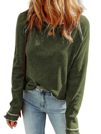 Green Waffle Knit Shift Top with Round Neck and Long Sleeves