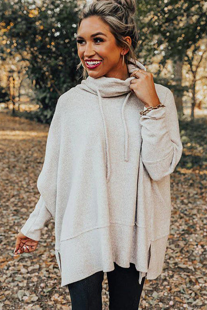 Light Grey Textured Knit Drawstring Cowl Neck Oversize Top with Side Slits