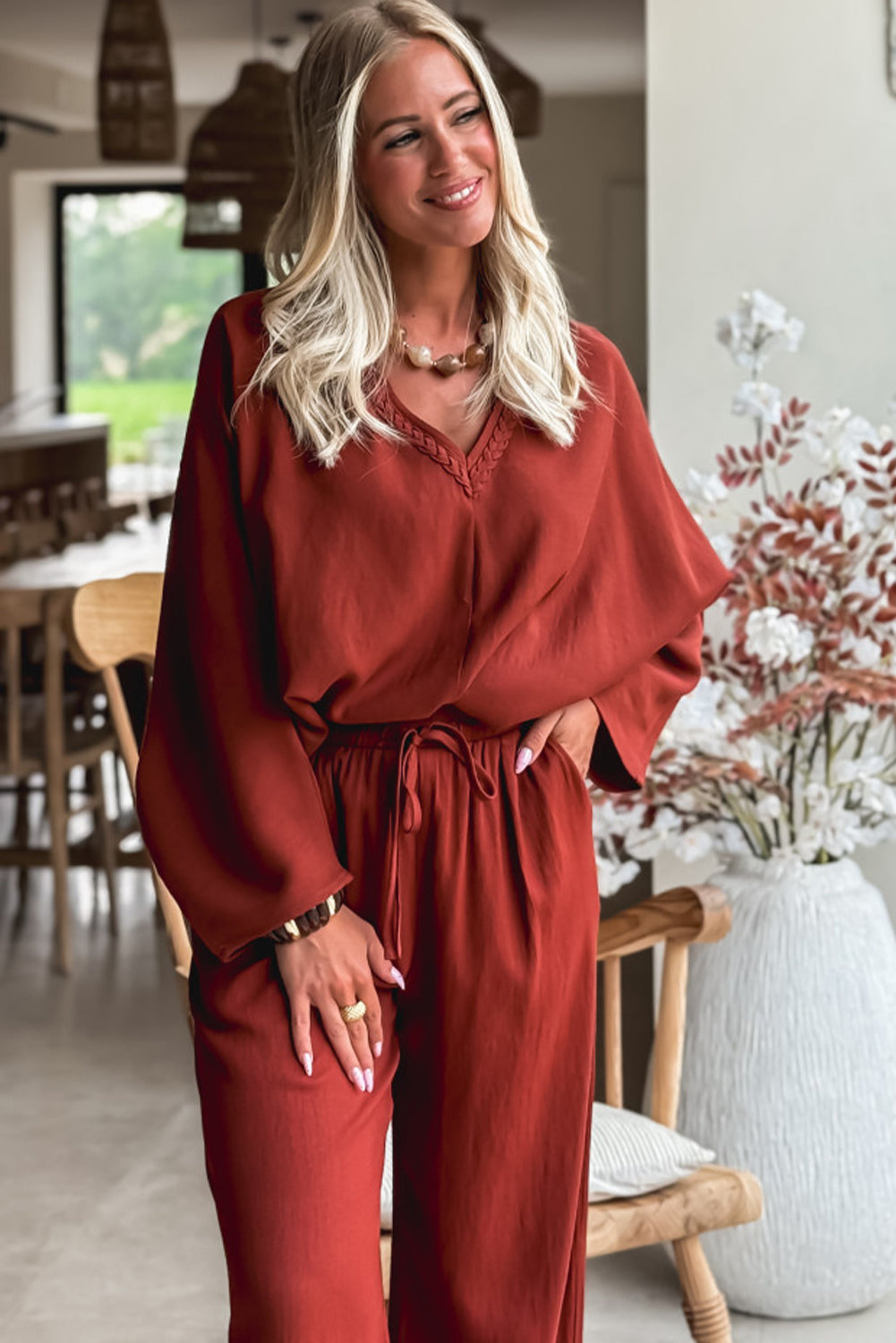 Clay Braided V Neck Long Sleeve Loose Top and Drawstring High Waist Pants 2pcs Outfit