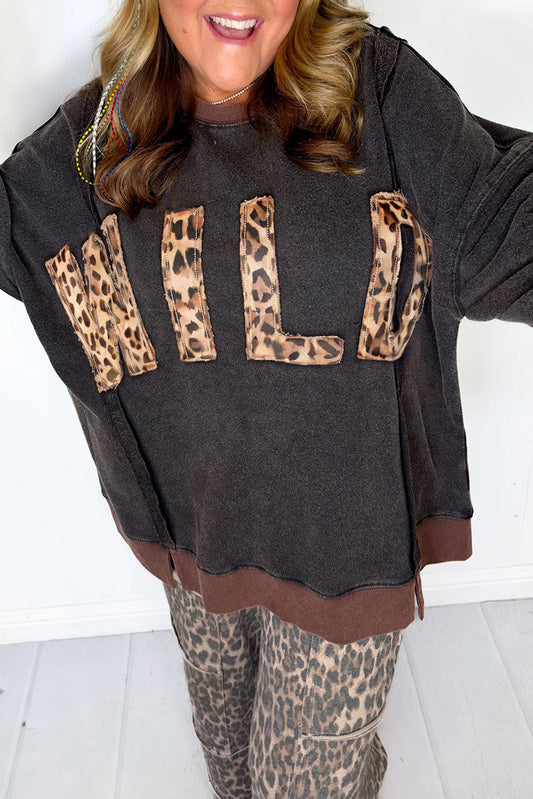 Carbon Grey Exposed Seam Patchwork Leopard WILD Letter Stitched Plus Size Sweatshirt