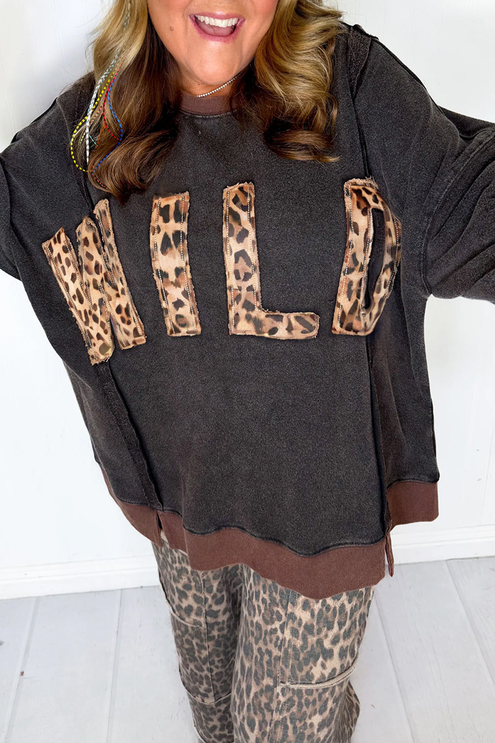Carbon Grey Exposed Seam Patchwork Leopard WILD Letter Stitched Plus Size Sweatshirt