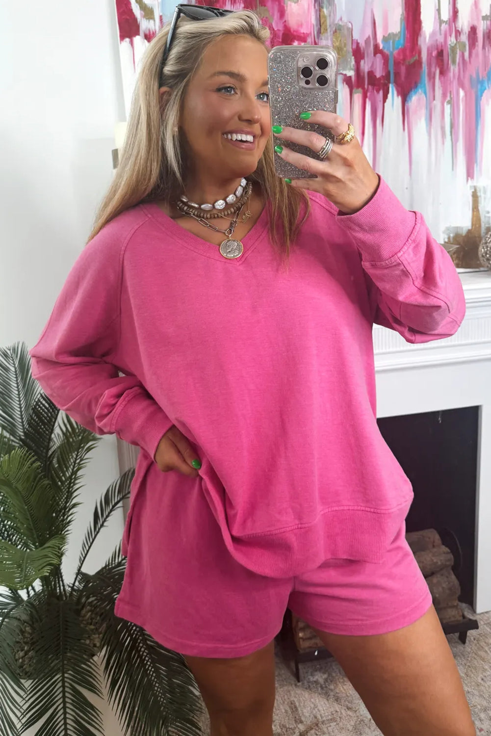 Strawberry Pink V Neck Long Sleeve Pullover Top Loose Shorts 2pcs Lounge Set