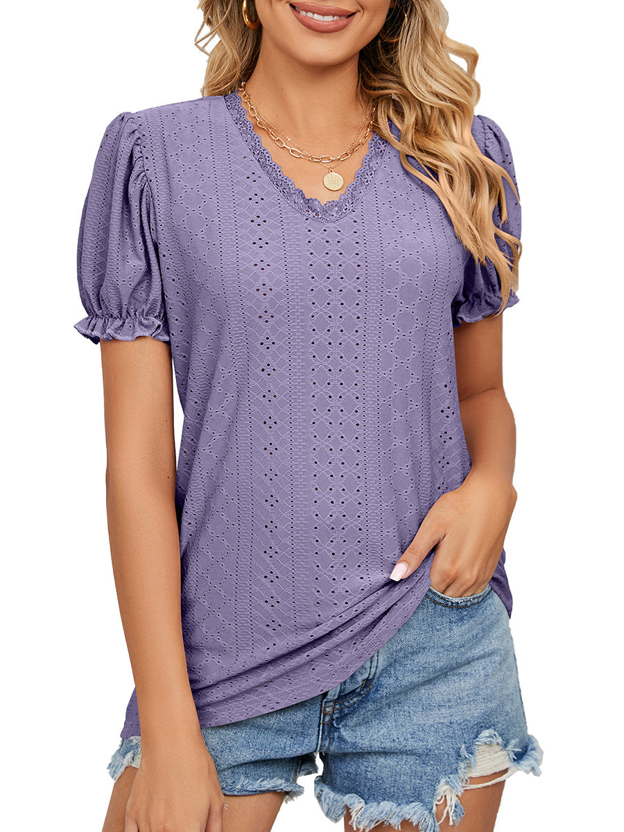 Solid Color Lace Stitching Hollow V-Neck T-Shirt