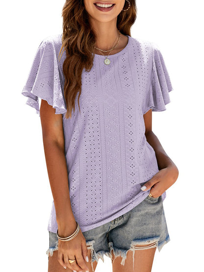 T-Shirts - Hollow Ruffle Sleeve Casual Round Neck T-Shirt - MsDressly