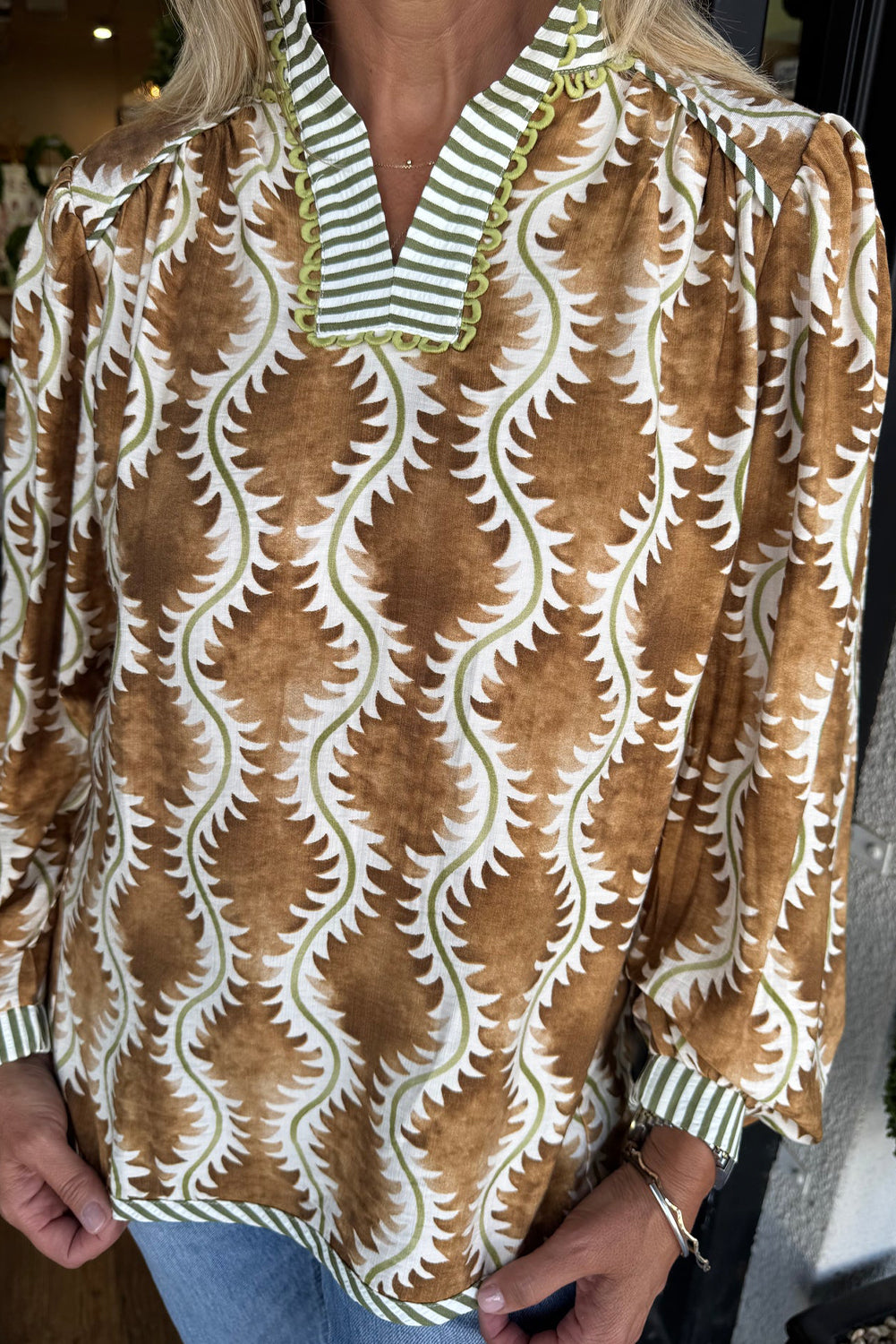 Brown Ethnic Floral Print Ricrac Trim Striped Split Neck Long Sleeve Blouse