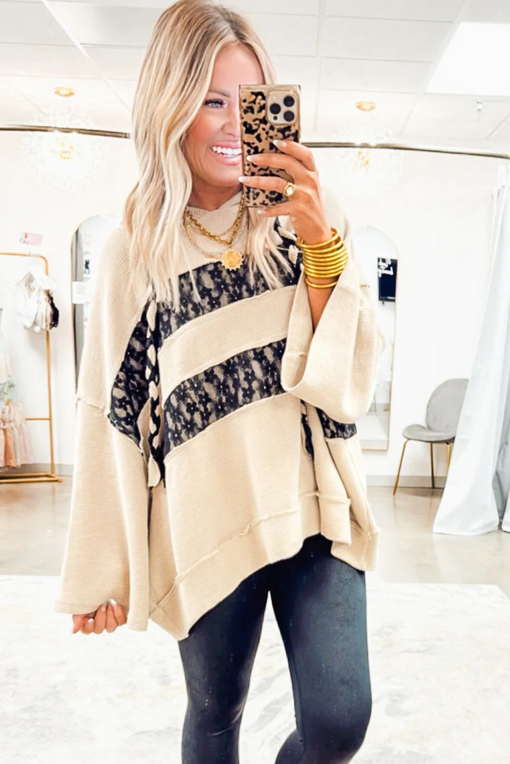 Beige Waffle Textured Exposed Seam Contrast Floral Lace Patchwork Sweatshirt