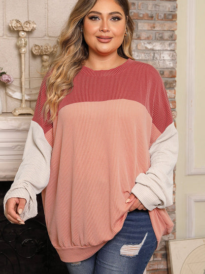 Mineral Red Plus Size Ribbed Colorblock Long Sleeve Top
