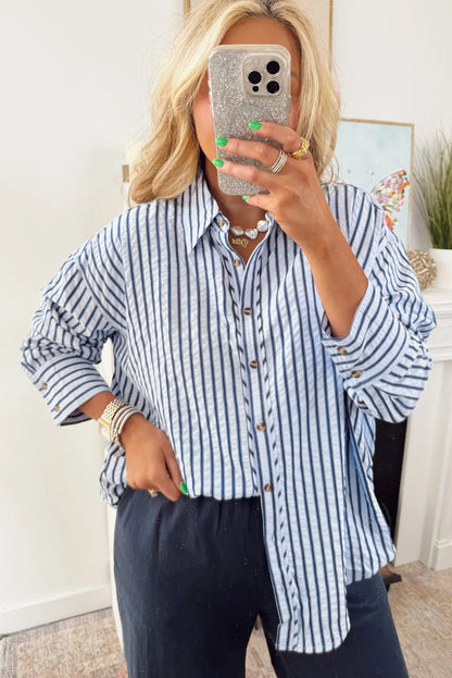 Blue Stripe Textured Hi Low Rounded Hem Casual Shirt with Slits