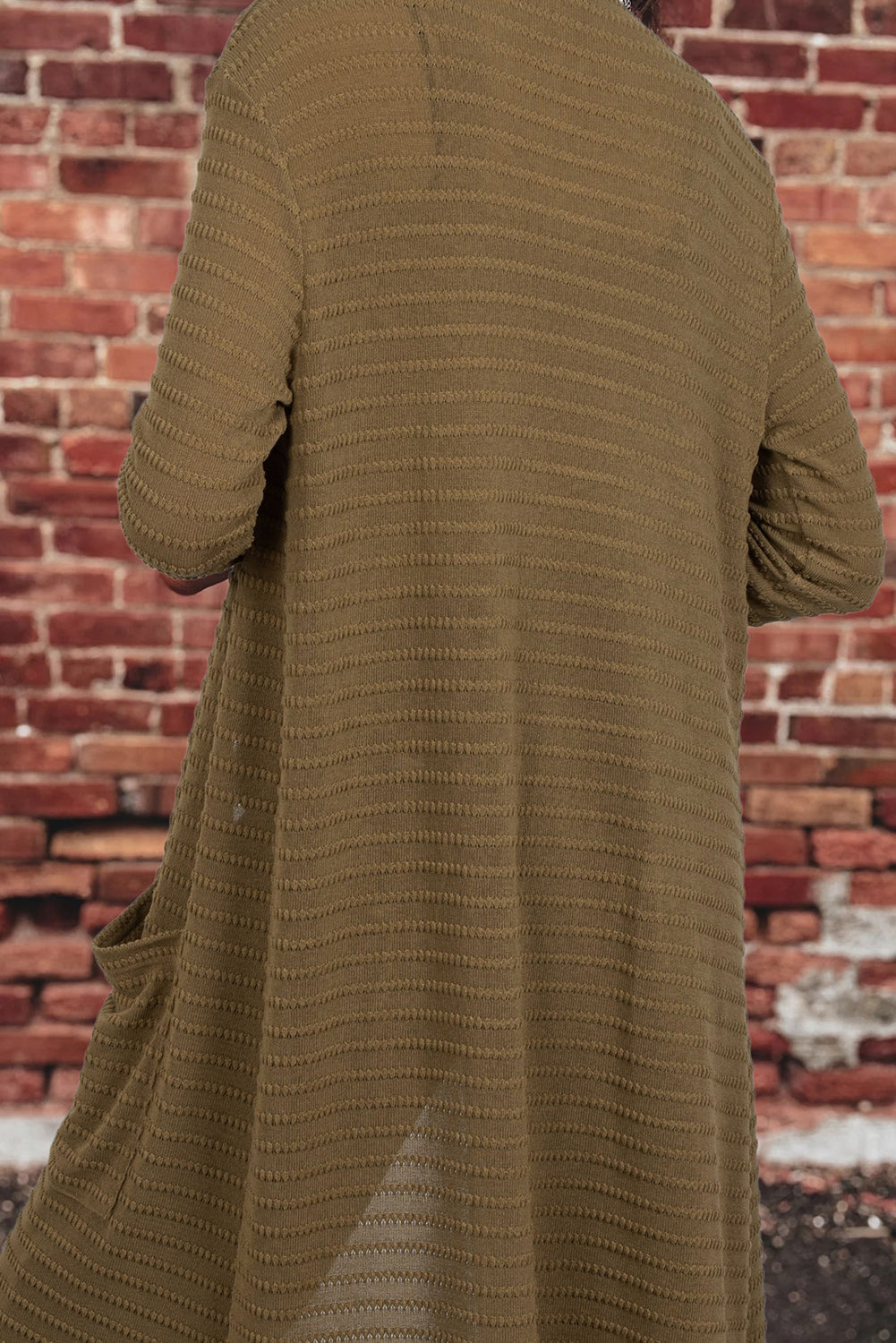Camel Double Patch Pocket Striped Texture Knit Open Front Duster Cardigan