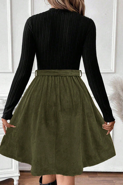 Black Ribbed Knit Slim Bodice Contrast Flared Skirt Patchwork Belted Dress