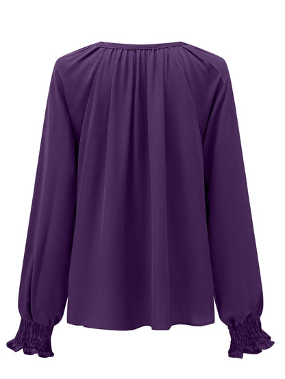 Elegant Purple Pleated V Neck Blouse with Puffy Sleeves