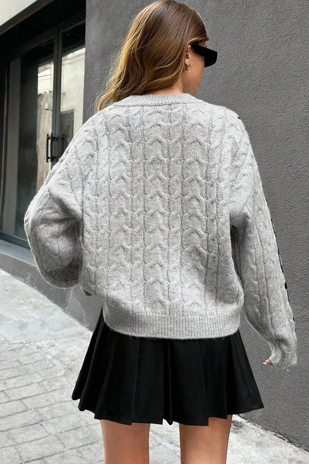 Light Grey Cable Knit Contrast Corded Detail Drop Shoulder Sweater