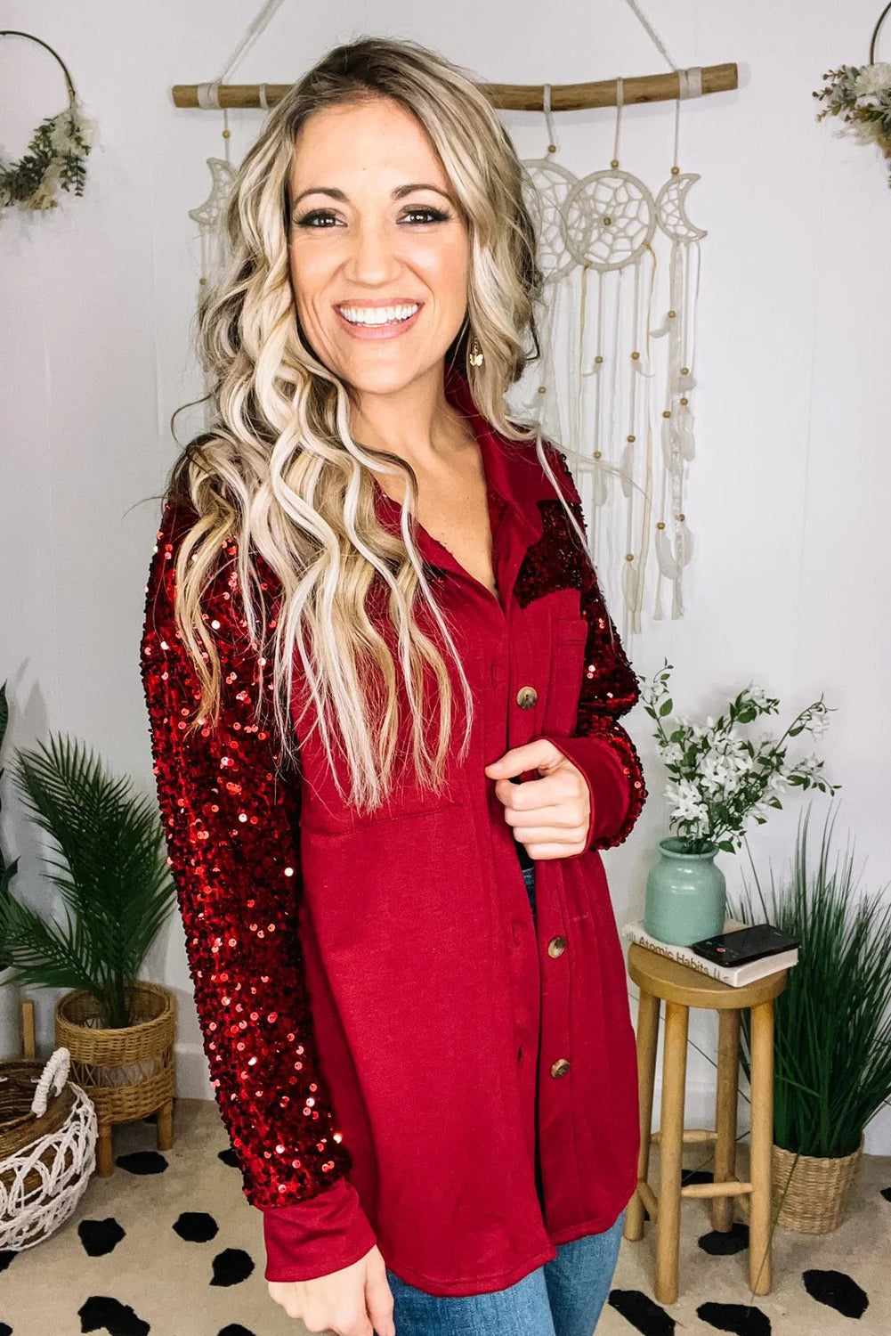 Racing Red Stunning Sequin Patchwork Double Chest Pocket Button Down Shacket