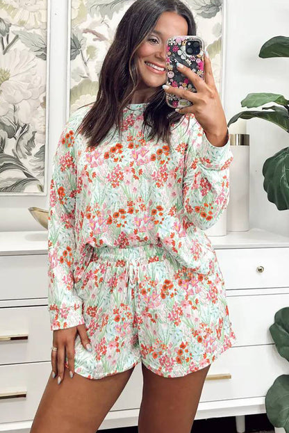 White Floral Print Long Sleeve Top Lounge Shorts 2pcs Set