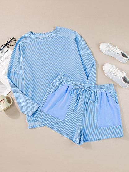 Light Blue Plus Size Ribbed Lounge Set with Long Sleeve Top and Drawstring Shorts