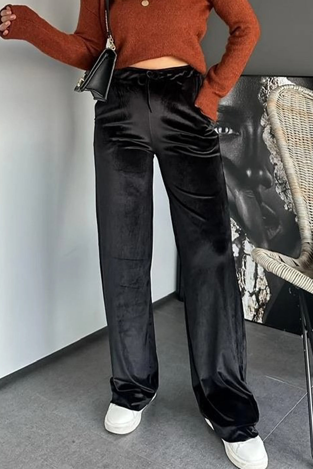 Black Shiny Velvet Drawstring High Waist Straight Leg Casual Pants