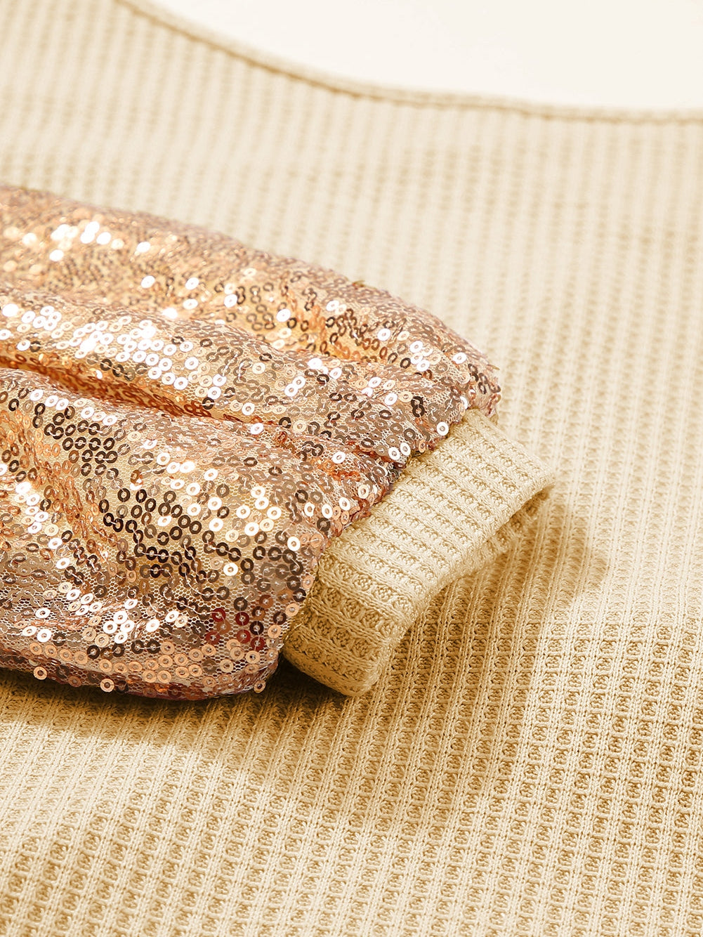 Apricot Sequin Patchwork Waffle Knit Open Back Top with Long Sleeves