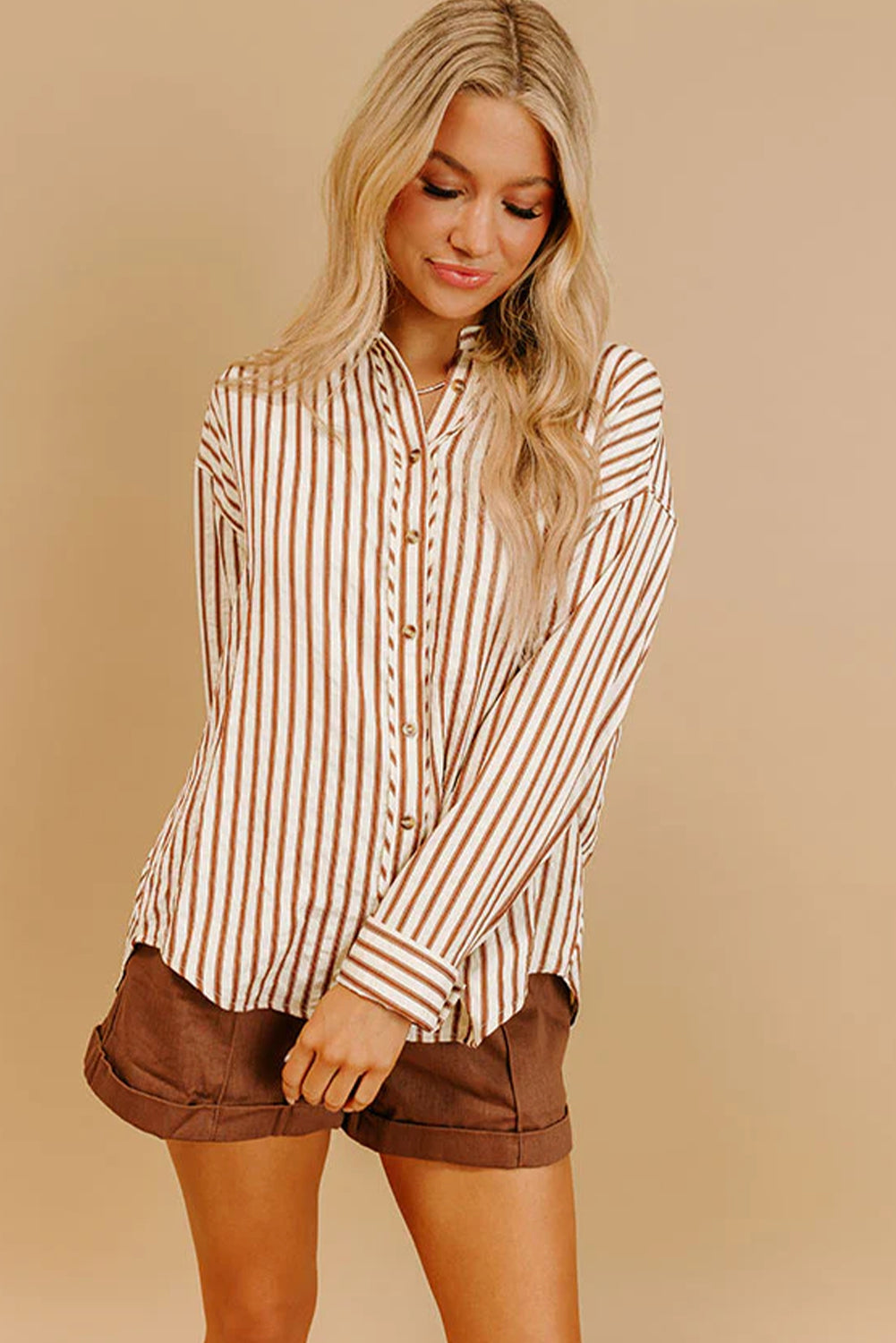 Brown Stripe Textured Hi Low Rounded Hem Casual Shirt with Slits