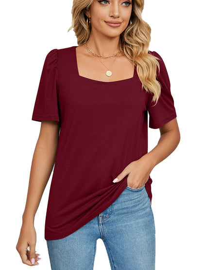 Solid Square Neck Short Sleeve Loose T-Shirt