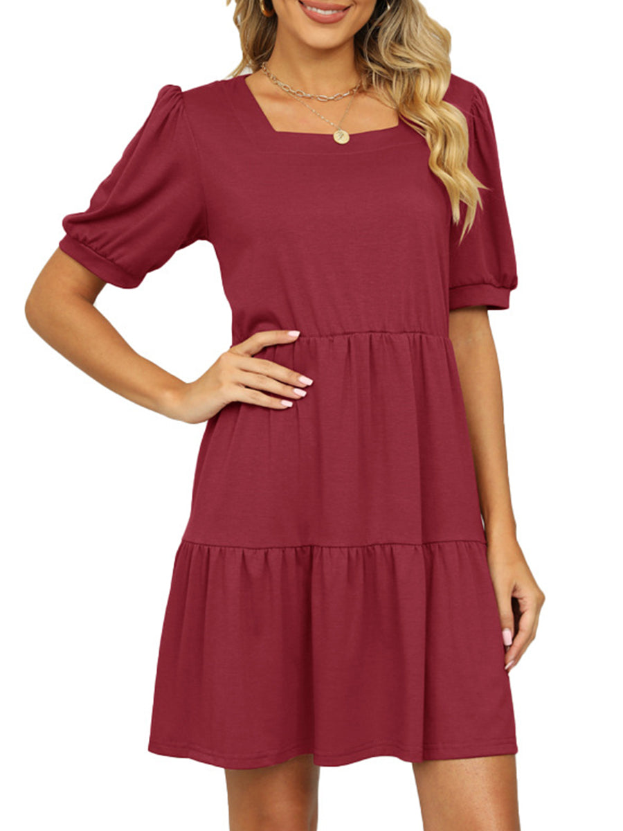 Solid Color Square Neck Short Sleeve Loose Stitching Mini Dress
